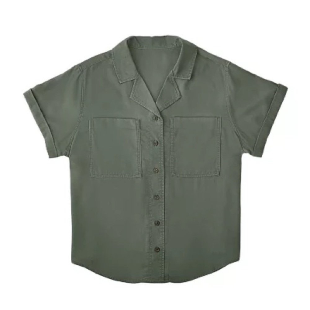 Women Tencel Camp Green Button-Up Shirt Size L Short Sleeves New - Picture 5 of 6